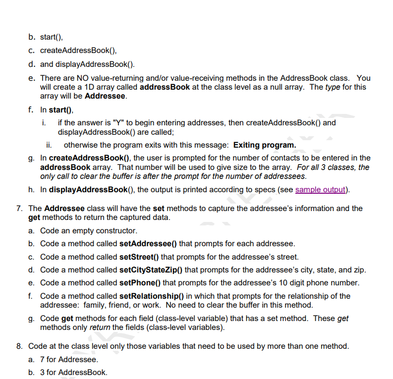 b. start(), c. createAddressBook(), d. and displayAddressBook() e. There are NO value-returning and/or value-receiving method