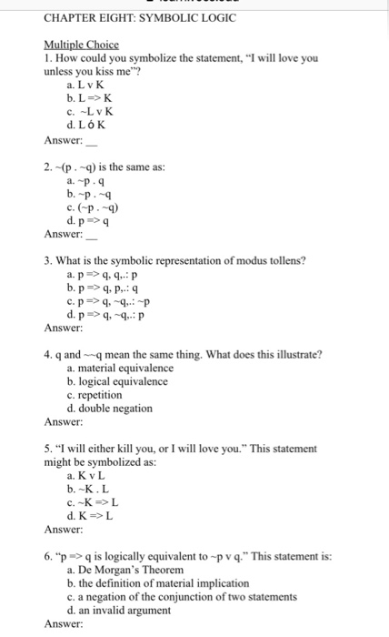 Chapter Eight Symbolic Logic 1 How Could You Sym Chegg Com