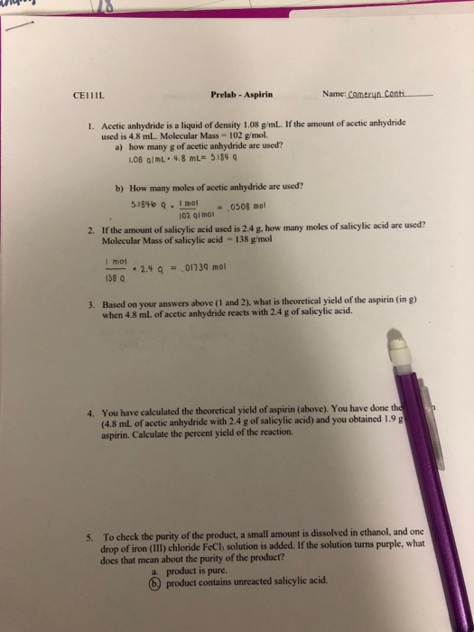 Solved Ceiiil Prelab Aspirin Name 1 Acetic Anhydride Is A Chegg Com