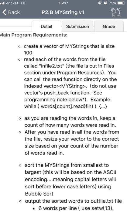 cricket LTE @ 75%- 15:17 Back P2.B MYString v1 Detail Submission Grade ain Program Requirements o create a vector of MYString