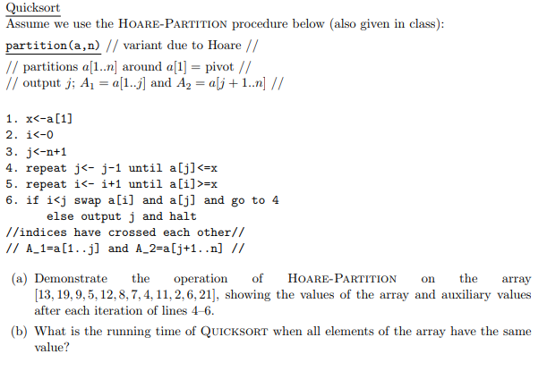 Solved Quicksort Assume We Use The Hoare Partition Proced Chegg Com
