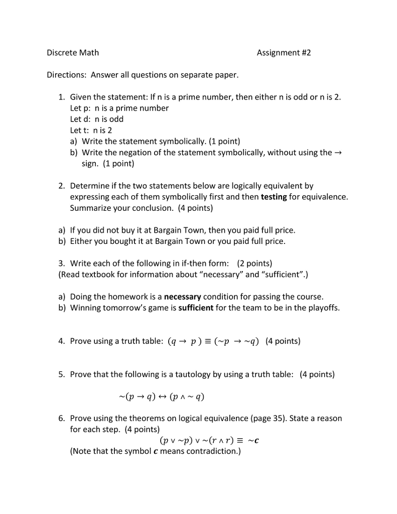 Solved Discrete Math Assignment 2 Directions Answer All Chegg Com