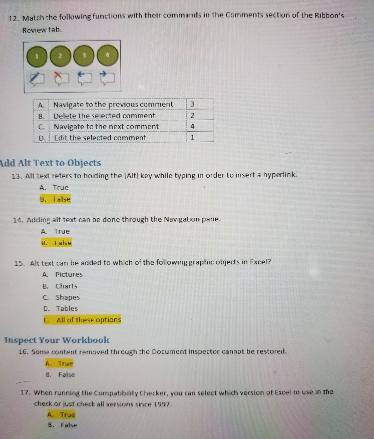 : 12. Match the following functions with their commands in the Comments section of the Ribbons Review tab. A. Navigate to th