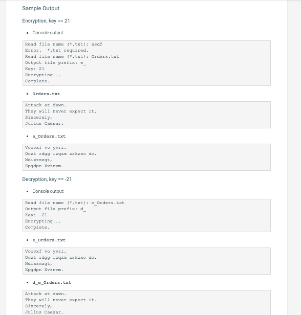 Sample Output Encryption, key21 .Console output: Read file name fw.txt): asd Error. ★.txt required Read file name*.txt: Order