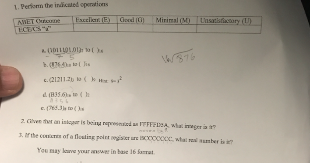 1. Perform the indicated operations ABET Outcome Excellent (3) Good (G) Minimal (M Unsatisfactory (U ECE/CS a a. (1011101.