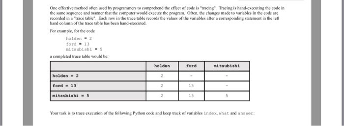 One effective method often used by programmers to comprehend the effect of code is tracing. Tracing is hand-executing the code in the same sequence and maner that the computer would execute the program. Often, the changes made to variables in the codke are recorded in a trace table. Each row in the trace table records the values of the variables after a corresponding statement in the left hand column of the trace table has been hand-executed For example, for the code holden 2 ford 13 mitsubishi a completed trace table would be: holden ford mitsubishi holden 2 ford 13 mitsubishi 5 13 13 Your task is to trace execution of the following Python code and keep track of variables index, what and answer