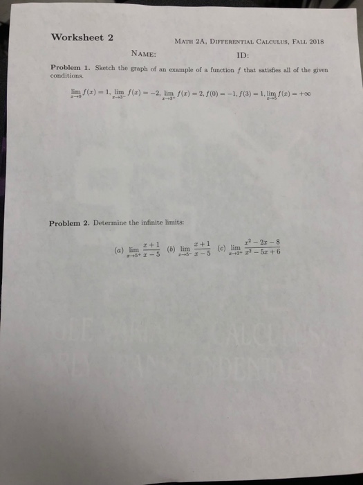 Solved Worksheet 2 Math 2a Differential Calculus Fall 2