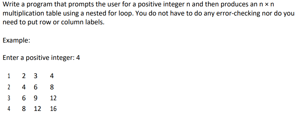 Write a program that prompts the user for a positive integer n and then produces an nx n multiplication table using a nested