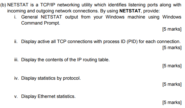 (b) NETSTAT is a TCP/IP networking utility which identifies listening ports along with i. General NETSTAT output from your Wi