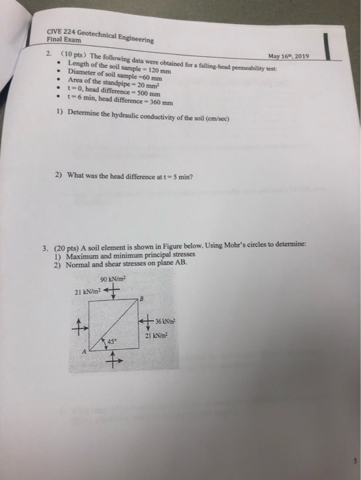 Solved CIVE 224 Geotechnical Engineering Final Exam May 1...