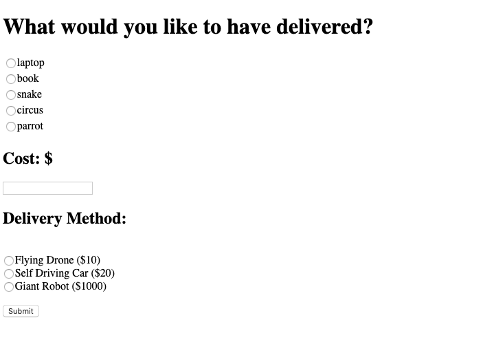What would you like to have delivered? Olaptop book snake circus parrot Cost: $ Delivery Method: OFlying Drone ($10) OSelf Dr