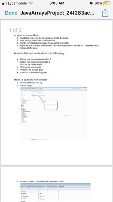Lycamobile 3:05 AM 60% Done JavaArraysProject_24f283ac... 1 of 3 yuur main method Create two arrays, one for the names and on