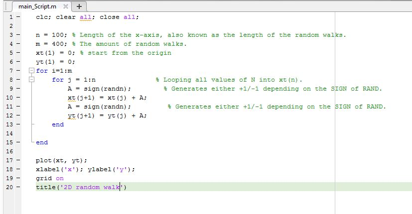 main_Script.m+ clc: clear all: close all: n = 100; % Length of the x-axis, also known as the length of the random walks. m 40