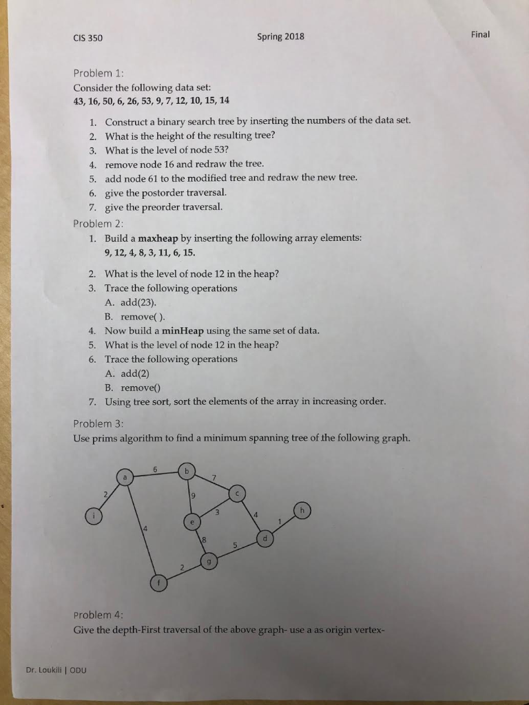 Final Spring 2018 CIS 350 Problem 1: Consider the following data set: 43, 16,50, 6, 26, 53, 9,7, 12, 10, 15, 14 Construct a b