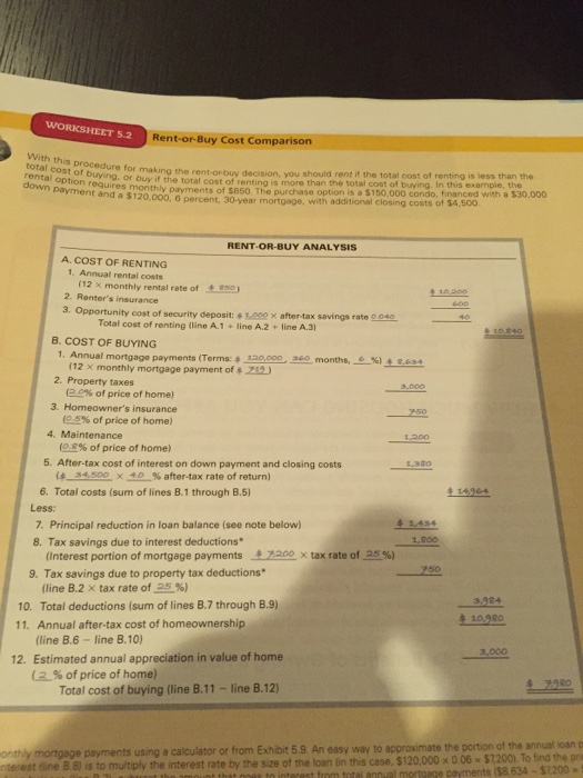 Solved WORKSHEET 5 2 Rent Or Buy Cost Parison Rental