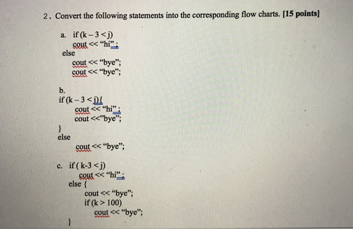 2. Convert the following statements into the corresponding flow charts. [15 points] a. if (k-3<j) cout < hi else cout<< bye; cout << bye; b. if (k-3< cout<<hi. cout <<bye, else cout <<bye; c. if (k-3 <j) else ( cout hi cout << bye; if (k > 100) cout << bye;