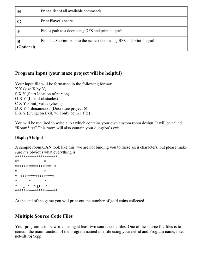 Print a list of all available com Print Players score Find a path to a door using DFS and print the path Find the Shortest p