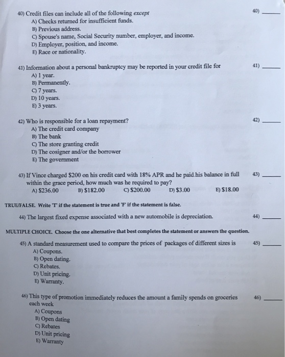 Solved 40 Credit Files Can Include All Of The Follow 40 Credit Files Can Include All Of The Following Except A Checks