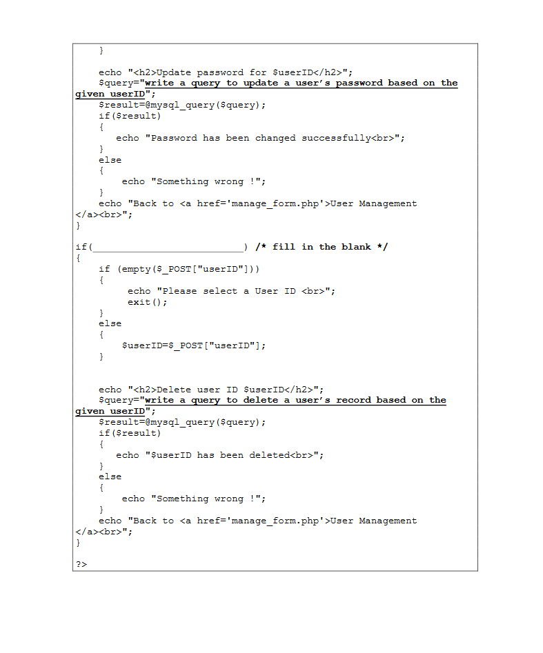 echo <h2>Update password for SuserIDK/h2> Squery-write a ate a user s password based on the to iven userID; $result=@mys