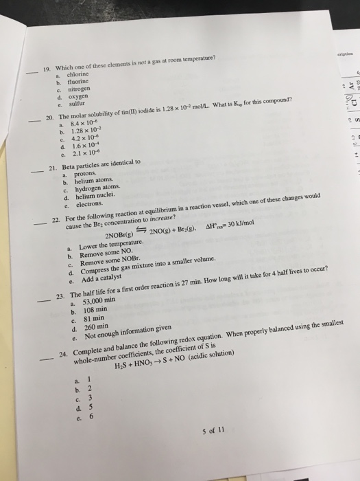 Solved Which One Of These Elements Is Not A Gas At Room T