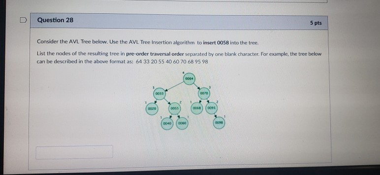 DQuestion 28 5 pts Consider the AVL Tree below. Use the AVL Tree Insertion algorithm to insert 0058 into the tree. List the n