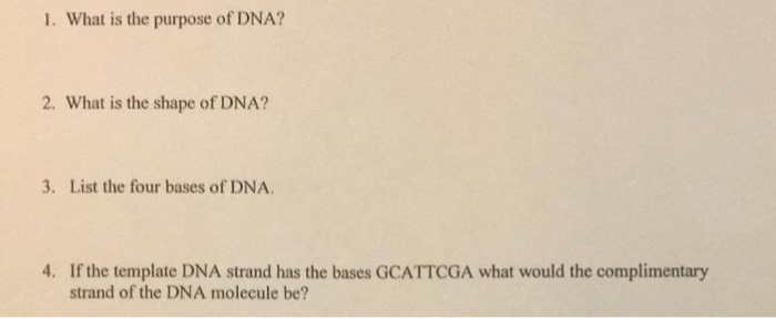1. What is the purpose of DNA? 2. What is the shape of DNA? 3. List the four bases of DNA. 4. If the template DNA strand has the bases GCATTCGA what would the complimentary strand of the DNA molecule be?