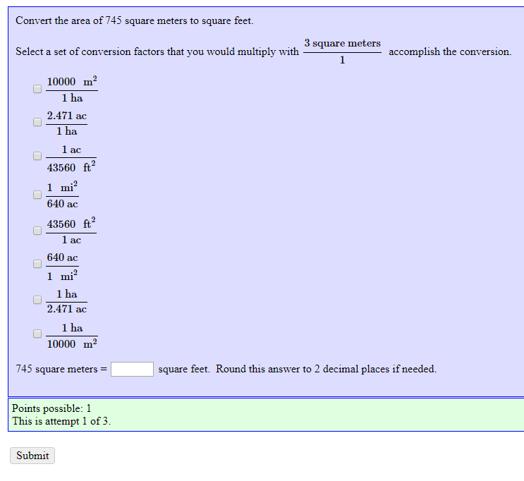 Solved Convert The Area Of 745 Square Meters To Square Feet Chegg