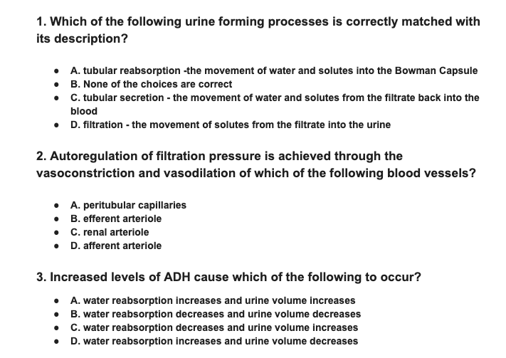 Solved 1. Which Of The Following Urine Forming Processes Is | Chegg.com Solved 1. Which Of The Following Urine Forming Processes Is | Chegg.com
