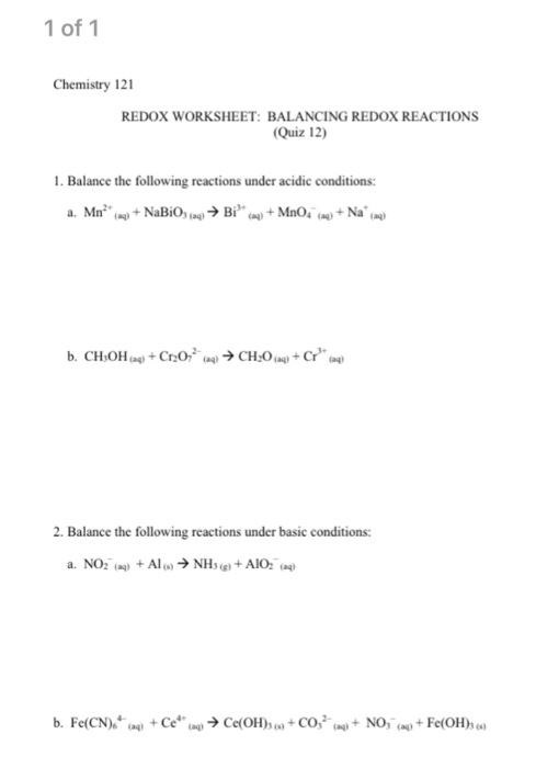 Solved 1 Of 1 Chemistry 121 Redox Worksheet Balancing Re Chegg Com