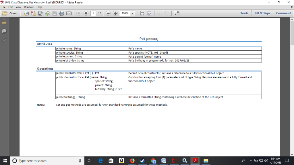 UML Class Diagrams Pet Hierarchy-1.pdf (SECURED) - Adobe Reader File Edit View Window Help - + | 100% | Tools Fill 8 Sign Com