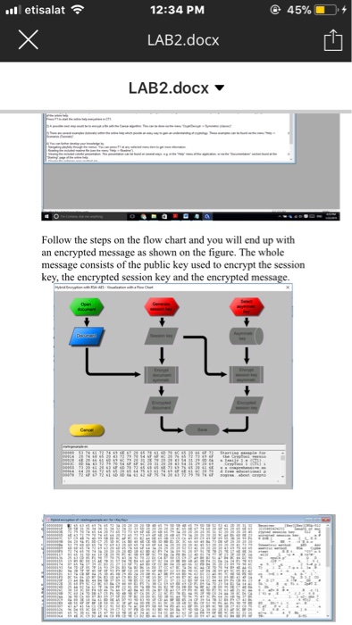 l etisalat 12:34 PM LAB2.docx LAB2.docx ▼ Follow the steps on the flow chart and you wil end up with an encrypted message as