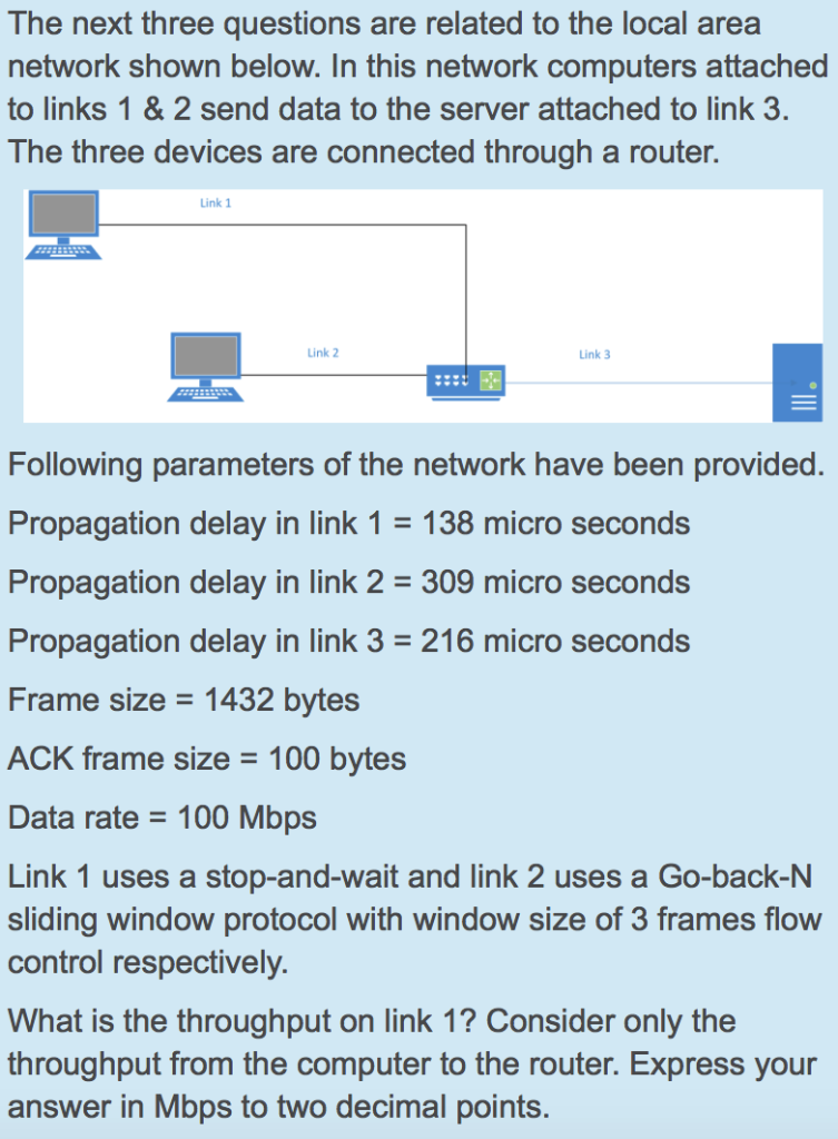 The next three questions are related to the local area network shown below. In this network computers attached to links 1 & 2