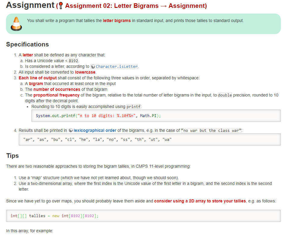 Assignment ( Assignment 02: Letter Bigrams Assignment) Л You shall write a program that tallies the letter bigrams in standar