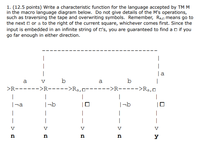 1. (12.5 points) Write a characteristic function for the language accepted by TM M in the macro language diagram below. Do no