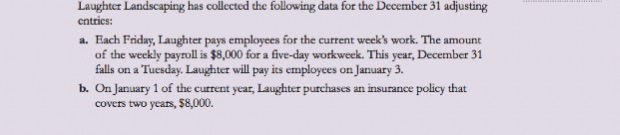 Laughter Landscaping has collected the following data for the December 31 adjusting cntrics: a. Each Friday, Laughter pays employees for the current weeks work. The amount of the weekly payroll is $8,000 for a five-day workweek. This year, December 31 falls on a Tuesday. Laughter will pay its employees on January 3. b. On January 1 of the current year, Laughter purchases an insurance policy that covers two years, $8,000.