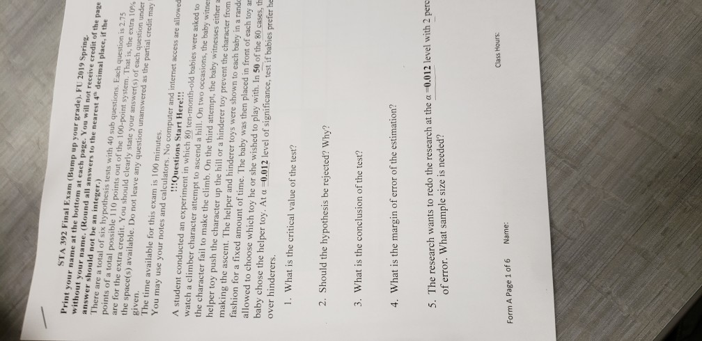 STA S 2019 392 Your Solved: Final ... Grade). FU Up (Bump Exam