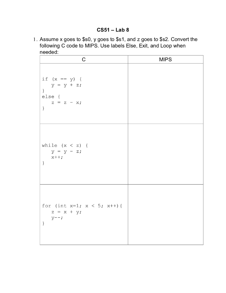 CS51 Lab 8 1. Assume x goes to Ss0, y goes to $s1, and z goes to Ss2. Convert the following C code to MIPS. Use labels Else,