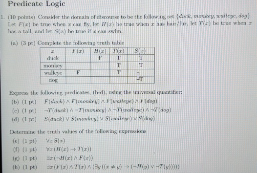 Solved Predicate Logic 1 10 Points Consider Domain Discourse Following Set Duck Monkey Walleye Do Q3608