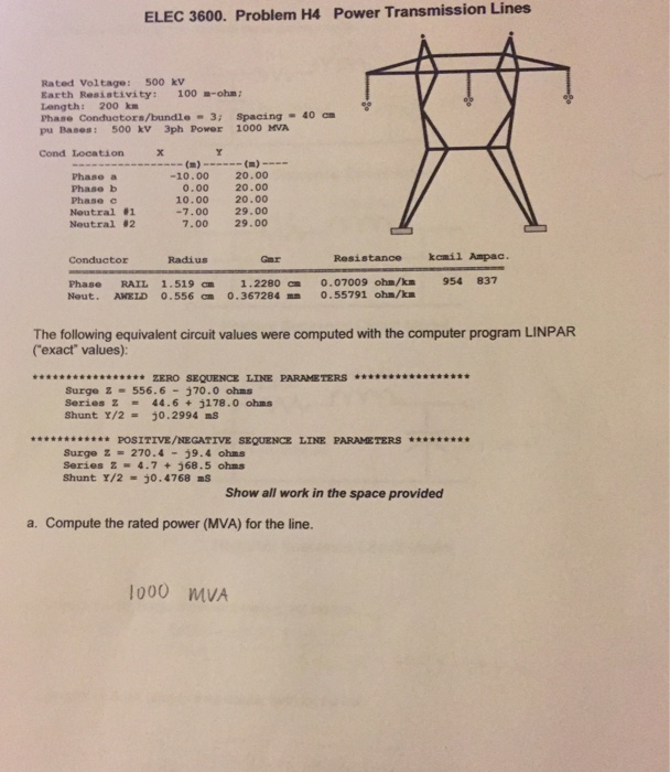 Solved Elec 3600 Problem H4 Power Transmission Lines Rated Chegg Com