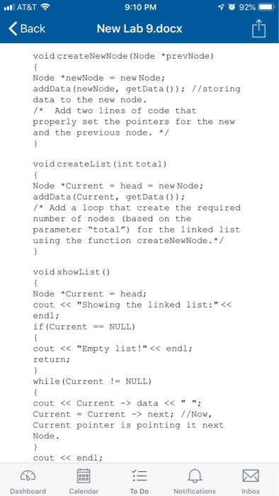 AT&T 9:10 PM nl Back New Lab 9.docx void createNewNode (Node *prevNode) Node *newNode = new Node; addData (newNode, getData )