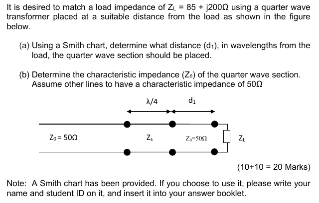 It is desired to match a load impedance of ZL-85 + j200Ω using a quarter wave transformer placed at a suitable distance from the load as shown in the figure below (a) Using a Smith chart, determine what distance (di), in wavelengths from the load, the quarter wave section should be placed. (b) Determine the characteristic impedance (Zs) of the quarter wave section. Assume other lines to have a characteristic impedance of 50Ω /4 d1 Zo 500 Zo 502 (10+10 20 Marks) Note: A Smith chart has been provided. If you choose to use it, please write your name and student ID on it, and insert it into your answer booklet.