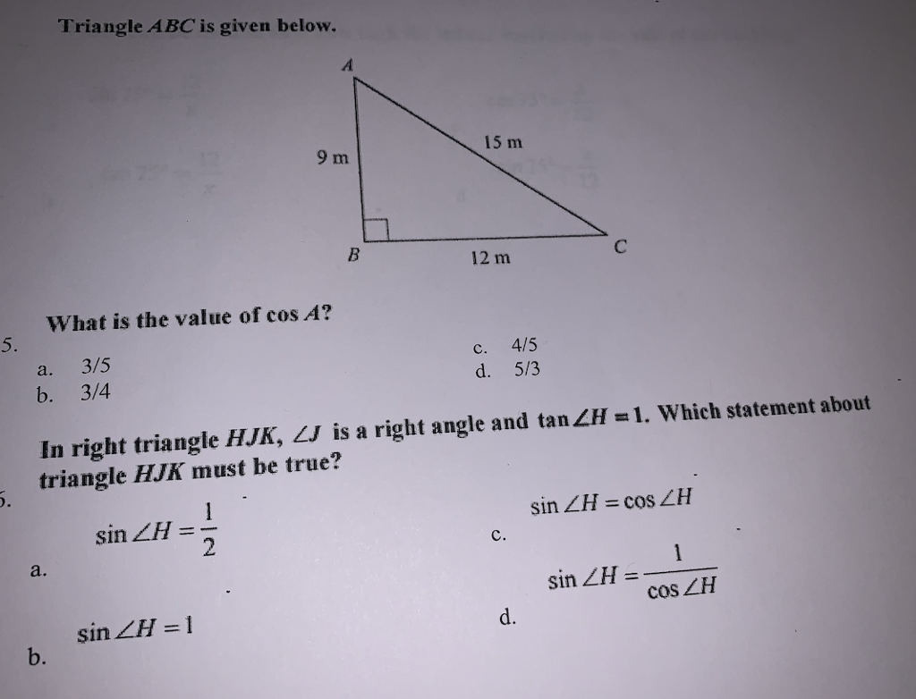 Solved Triangle Abc Is Given Below 15 M 9 Im 12 M What Is Chegg Com