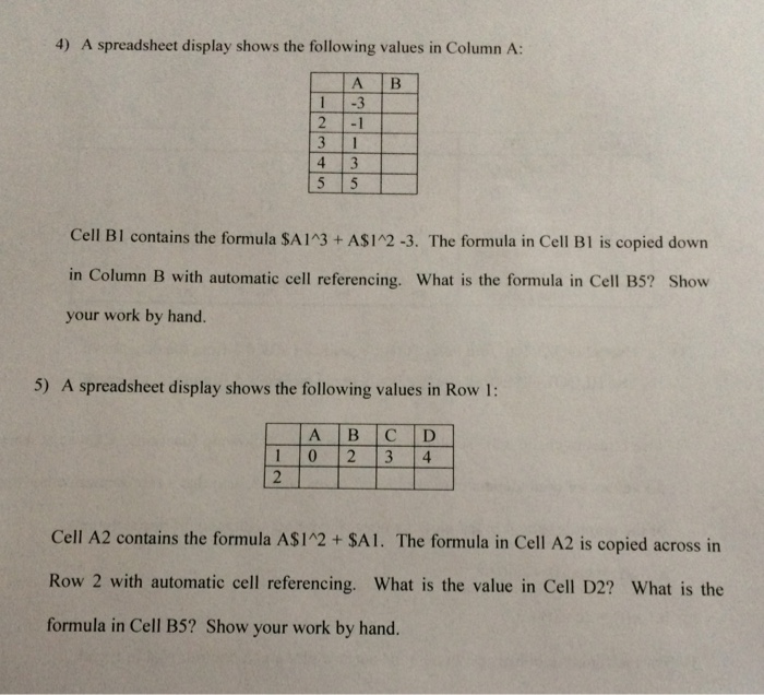 4) A spreadsheet display shows the following values in Column A: 1 -3 2 -1 Cell BI contains the formula SA1 3 + ASI 2 -3. The formula in Cell Bl is copied down in Column B with automatic cell referencing. What is the formula in Cell B5? Show your work by hand. 5) A spreadsheet display shows the following values in Row 1: A B C D 1 0 2 3 4 Cell A2 contains the formula AS1 2 + SAI. The formula in Cell A2 is copied across in Row 2 with automatic cell referencing. What is the value in Cell D2? What is the formula in Cell B5? Show your work by hand.