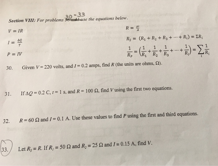 Solved For Problems 33 Use The Equations Below V Ir R Chegg Com