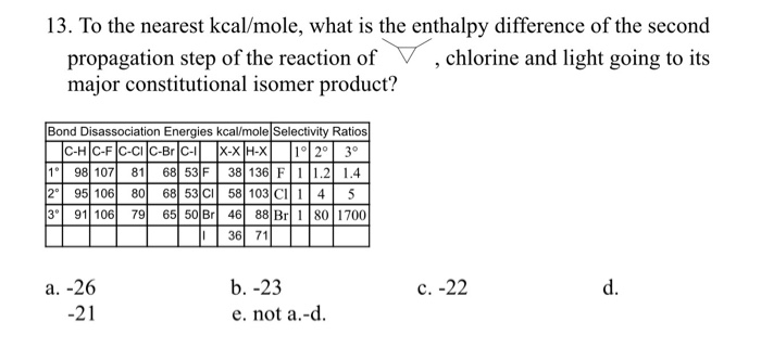 13. To the nearest kcal/mole, what is the enthalpy difference of the second ▽ , chlorine and light going to its propagation step of the reaction of major constitutional isomer product? Bond Disassociation Energies kcal/mole Selectivity Ratios 198 1078168 53 F 38 136 F2 1.4 2°| 95|106| 801 68| 53|Cl| 58|103|CI|1|4| 5 391 106 79 65 50 Br 46 88 Br1 80 1700 제 71 a. -26 -21 c. -22 d. b. -23 e. not a.-d