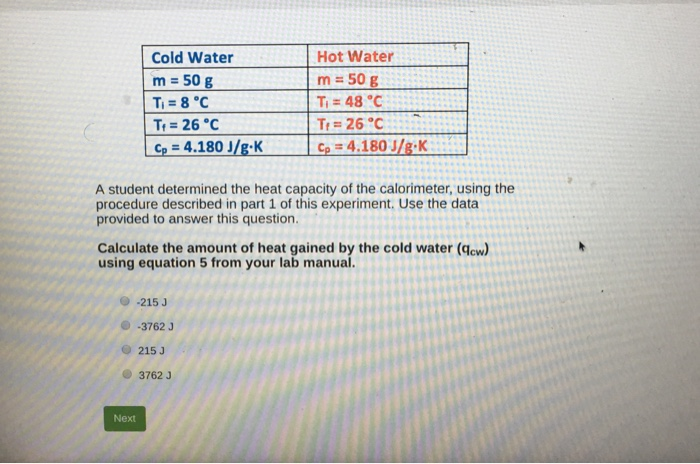 Solved Cold Water M 50 G T 8 C Tr 26 C Cp 4 180j G Hot W Chegg Com