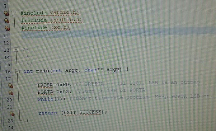 7 #include <stdio.h> # include <stdlib.h> #include <xc.n 12 13 14 15 16.El int main (int argc, chazkai argv)… { 17 TRISA OxFD: 20 21 resurs EXIT SUuccesS)- 23 24
