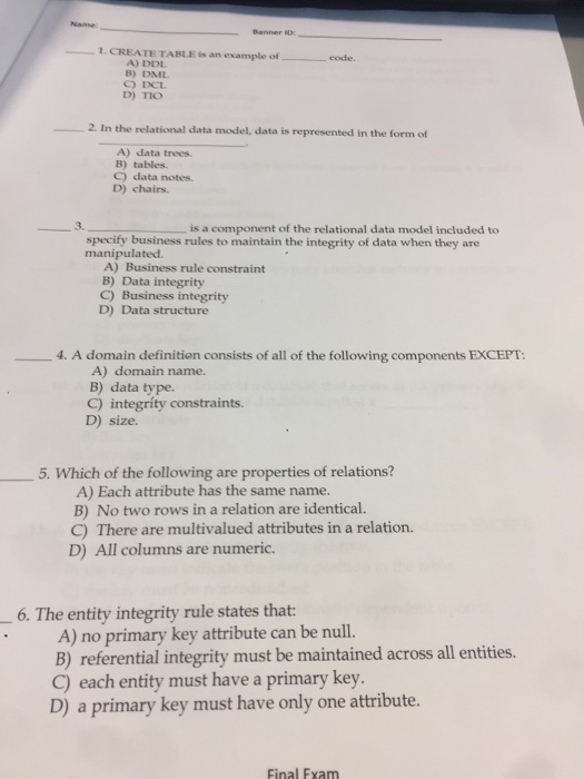 Solved Name Banner D T Create Table Is An Example Of Eod