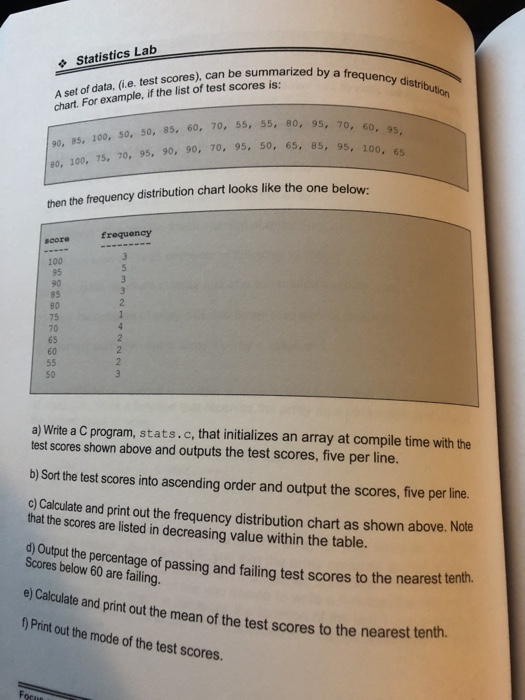 Statistics Lab A set of data, (i.e. test scores), can be summarized chart. For example, if the list of test scores is: by a f