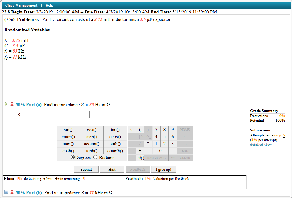 Solved An Lc Circuit Consists Of A 3 75 Mh Inductor And A Chegg Com